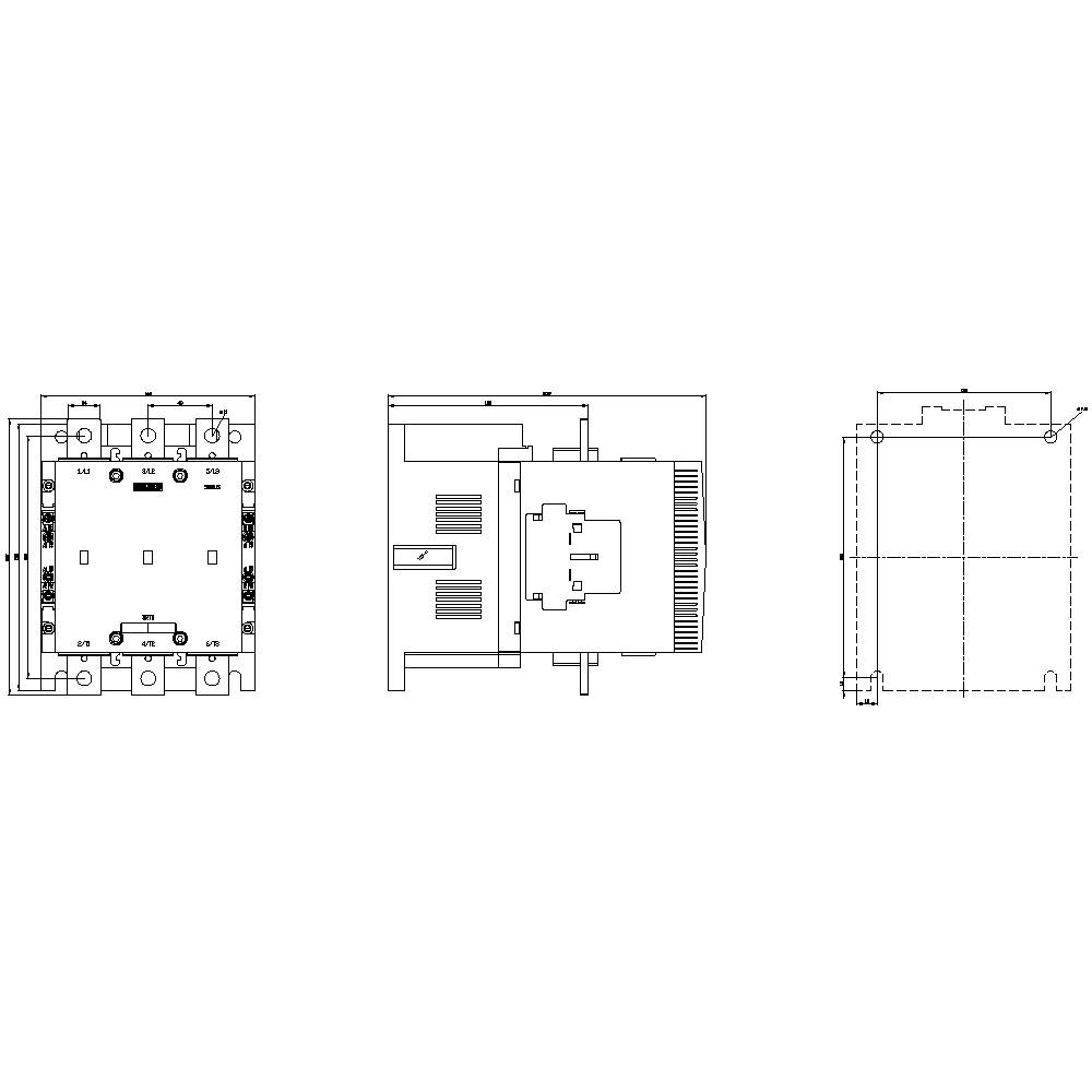 Technische Zeichnung eines elektrischen Geräts in drei Ansichten: Vorderansicht, Seitenansicht und Draufsicht. Zeigt Layout und Komponenten.