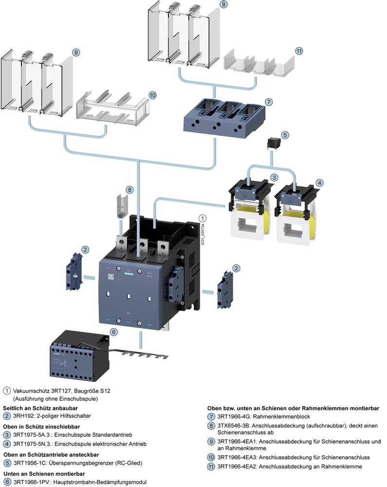 Explosionszeichnung eines elektrischen Schaltersystems mit Beschriftungen. Zeigt Komponenten und deren Verbindungen für Montage und Betrieb.