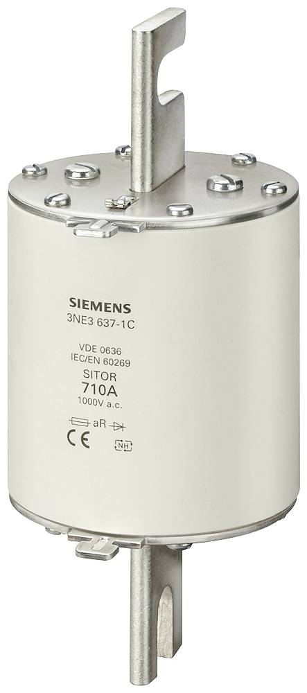 Ein zylindrischer elektrischer Sicherungseinsatz von Siemens mit der Aufschrift '710A 1000V a.c.', zeigt technische Spezifikationen.
