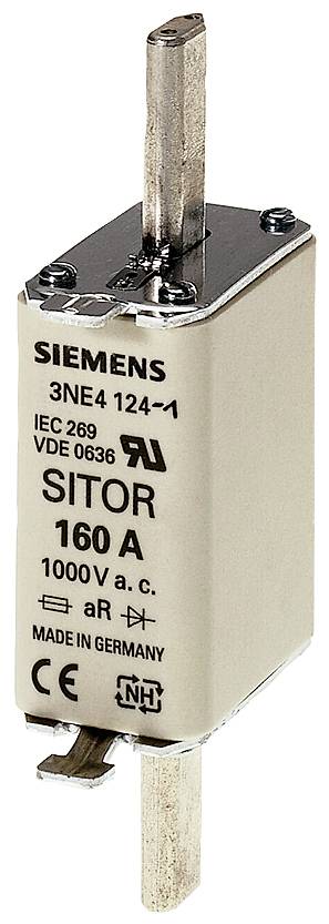 'Siemens SITOR Hochleistungssicherung 160A, 1000V AC, Typ 3NE4 124-1' mit Prüfsymbolen und Herkunft 'Made in Germany'.