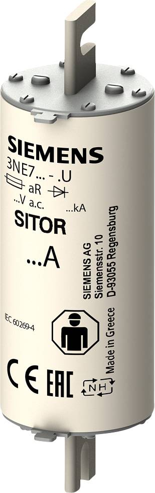 Siemens Zylindersicherung SITOR mit Angaben zu Spannung, Stromstärke, und Herstelleradresse. Enthält Sicherheits- und Zertifizierungssymbole.