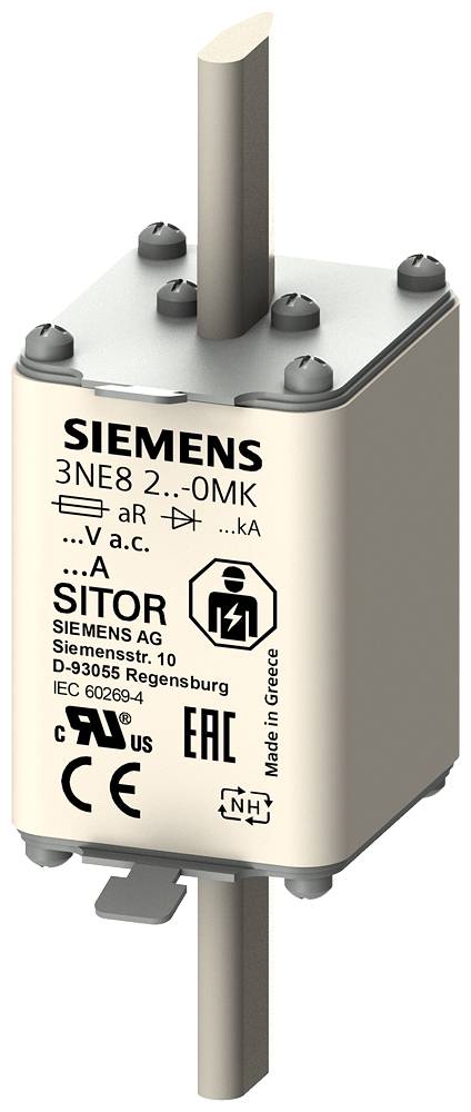 Sicherung von Siemens, Modell 3NE8, Typ aR, geeignet für Niederspannung. Markenlogos und technische Spezifikationen sind sichtbar.