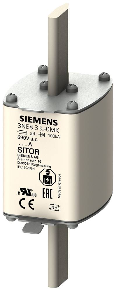 Ein elektrischer NH-Sicherungseinsatz von Siemens, Modell SITOR, 690V, 100kA, mit CE-Kennzeichnung und verschiedenen technischen Daten.
