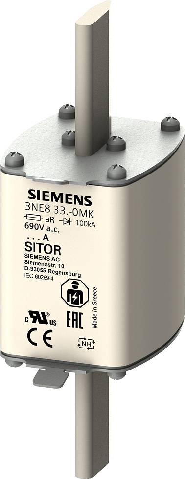 Sicherungseinsatz von Siemens mit der Aufschrift '3NE8 33-0MK', bewertet für 690V a.c., 100kA. Zeigt Logos und Herstellerinformationen.