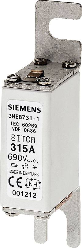 Eine Sicherung mit Aufschrift 'SIEMENS 3NE8731-1 SITOR 315A 690V a.c.', mit Metallkontakten und einem Befestigungsloch oben.