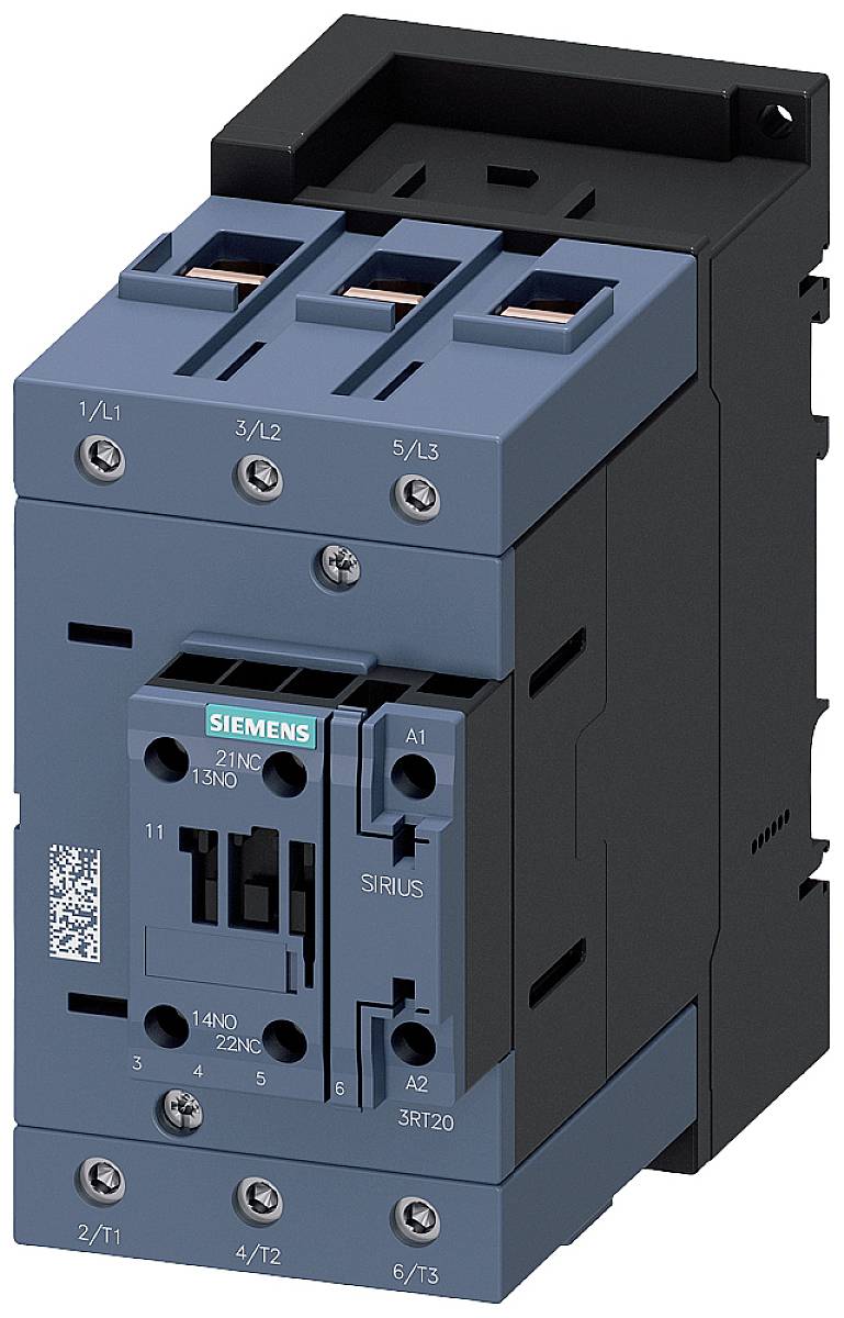 Blaue elektrische Schütz-Einheit mit sechs Anschlussklemmen und Markenlogo oben sichtbar. Verwendet zur Steuerung elektrischer Geräte.