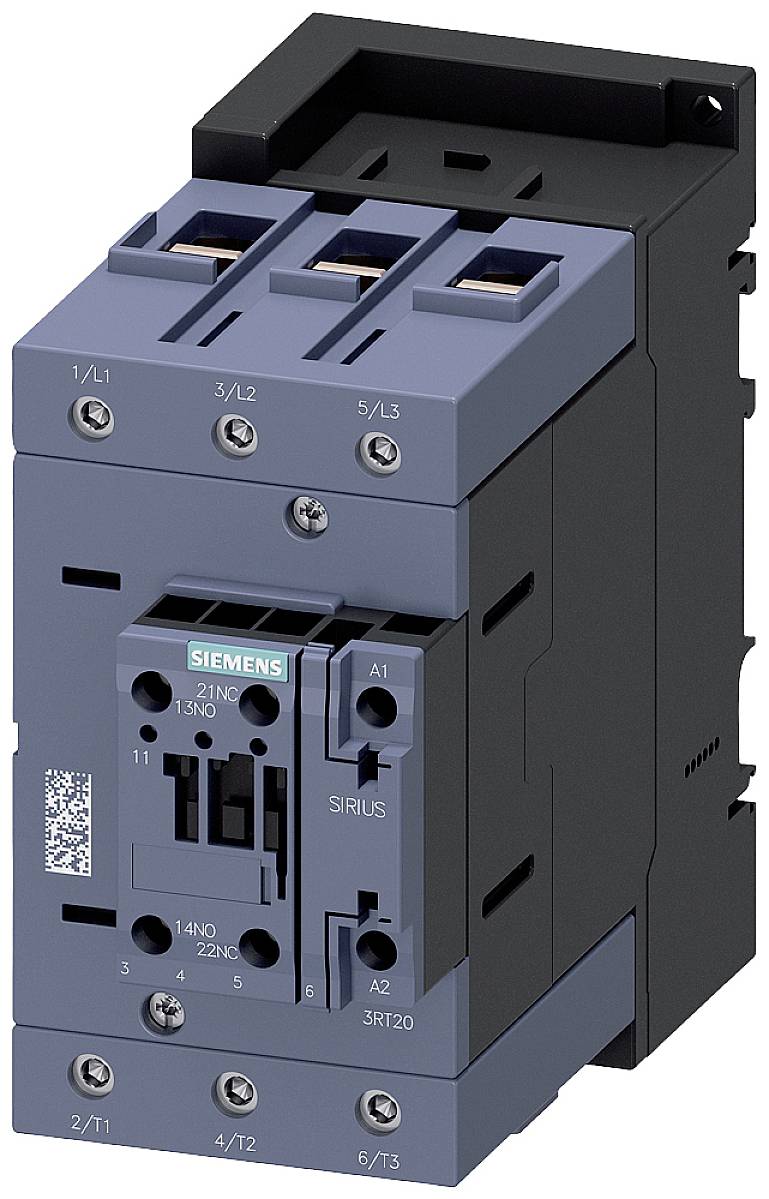 Ein blauer und schwarzer elektrischer Leistungsschalter mit Siemens-Logo, Beschriftungen der Anschlüsse sind sichtbar.