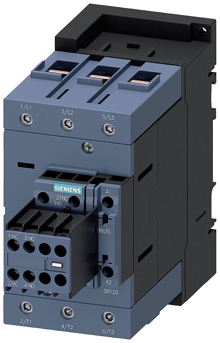 Ein elektrischer Leistungsschalter in dunklem Blau und Schwarz mit mehreren Anschlussklemmen und Beschriftungen auf der Vorderseite.