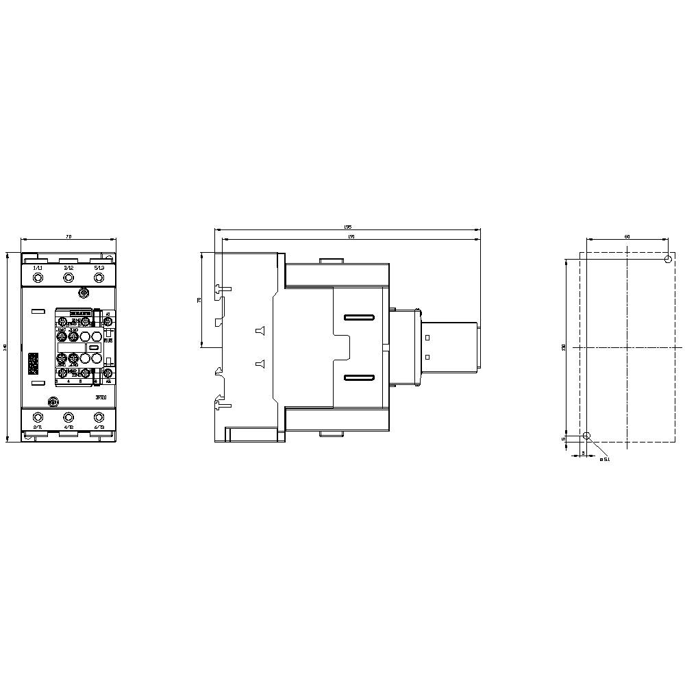 Konstruktionszeichnung eines elektrischen Bauteils mit mehreren Ansichten: Vorderansicht, Seitenansicht und Oberansicht, mit Maßangaben.
