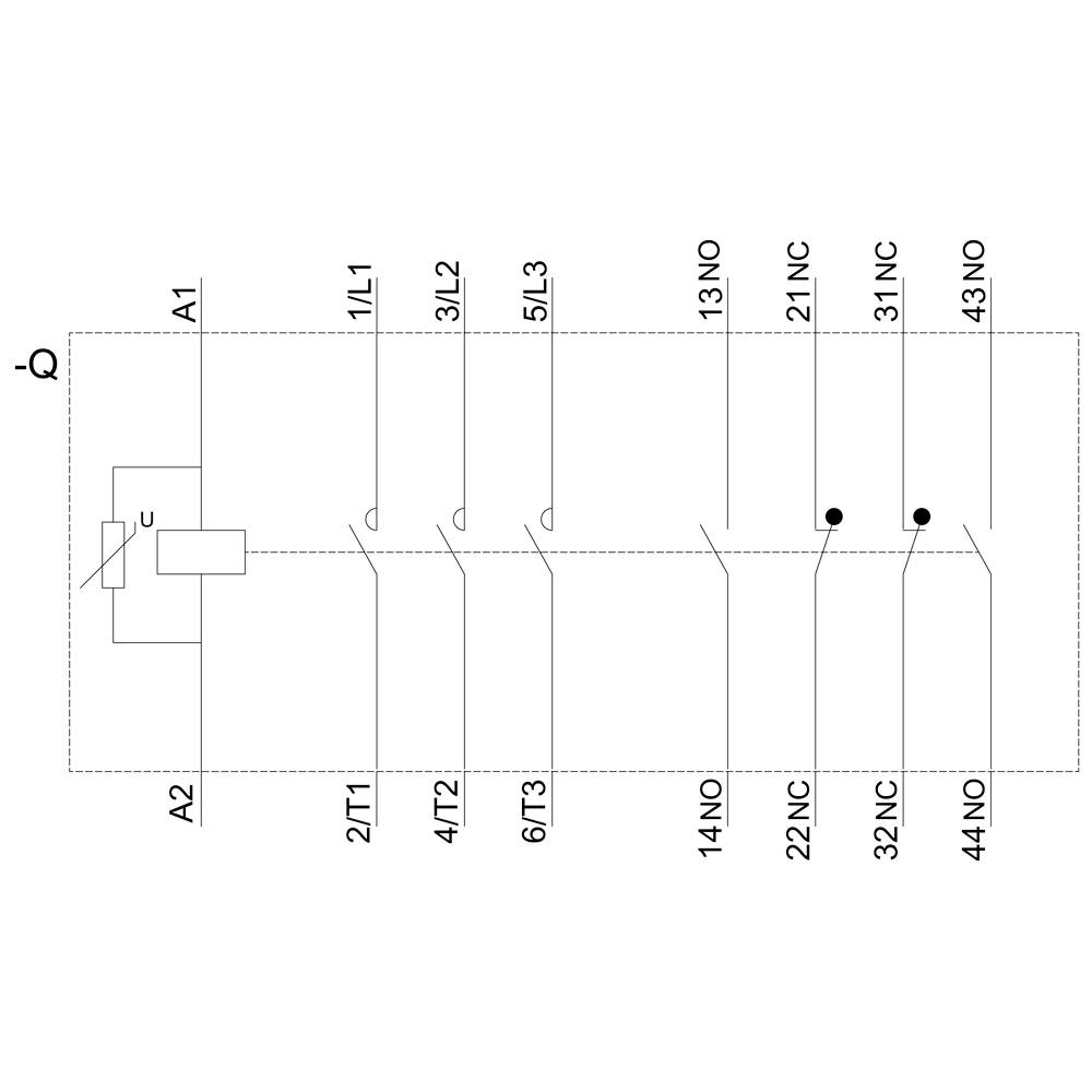 Schaltplan eines elektromechanischen Relais mit Spule links, mehreren Schaltkontakten in der Mitte und Anschlussbezeichnungen oben.