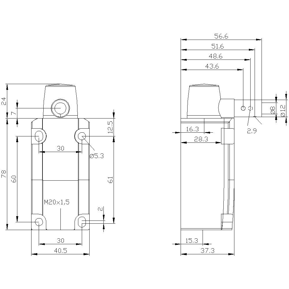 Technische Zeichnung eines Zylinders in Vorder- und Seitenansicht mit Maßangaben. Hauptmaße: 78 mm Höhe, 30 mm Breite, M20x1,5 Gewinde.