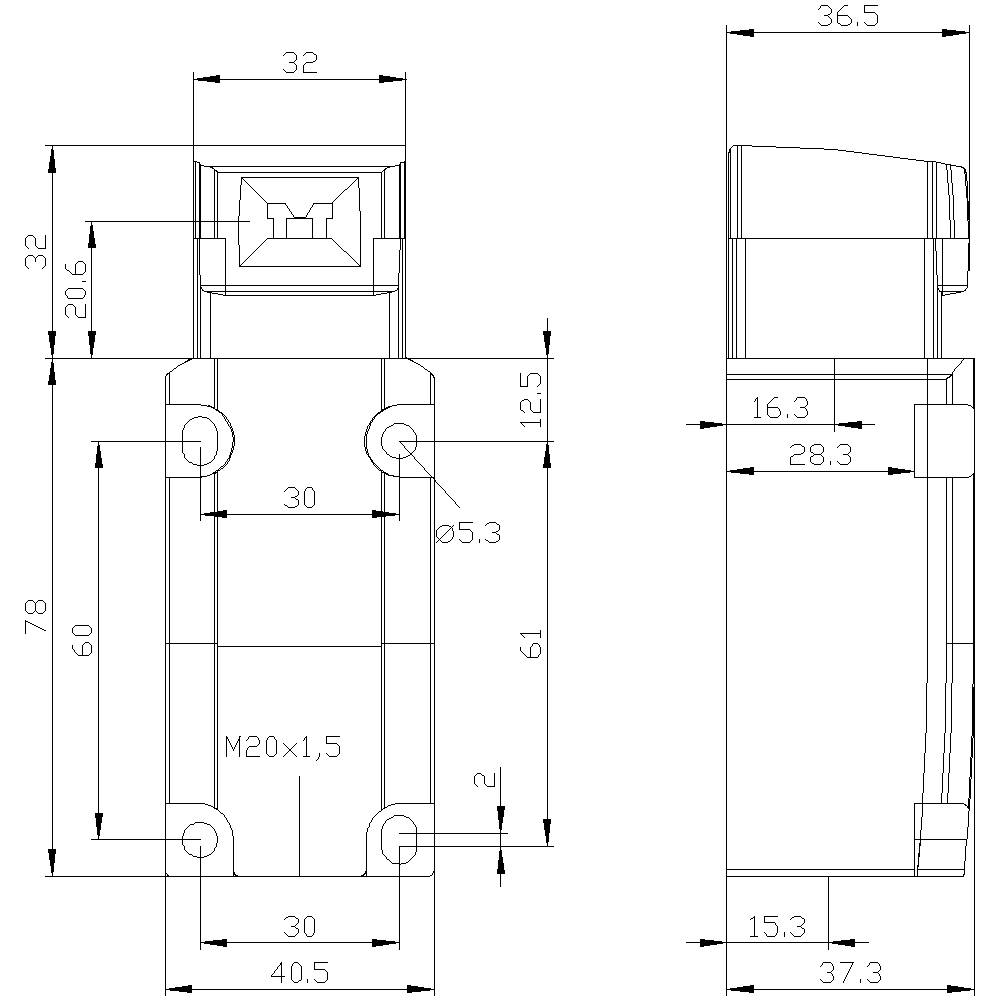 Technische Zeichnung eines Bauteils mit Bemaßungen: Höhe 78 mm, Breite 32 mm, Tiefe 36,5 mm. Maße der Löcher: 5,3 mm Durchmesser.