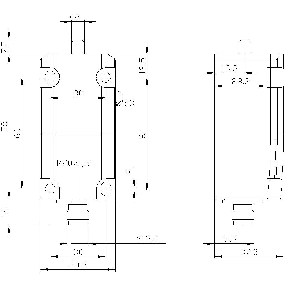 Technische Zeichnung eines zylindrischen Bauteils mit Bemaßungen in Millimetern. Zeigt zwei Ansichten und Details von Befestigungspunkten.