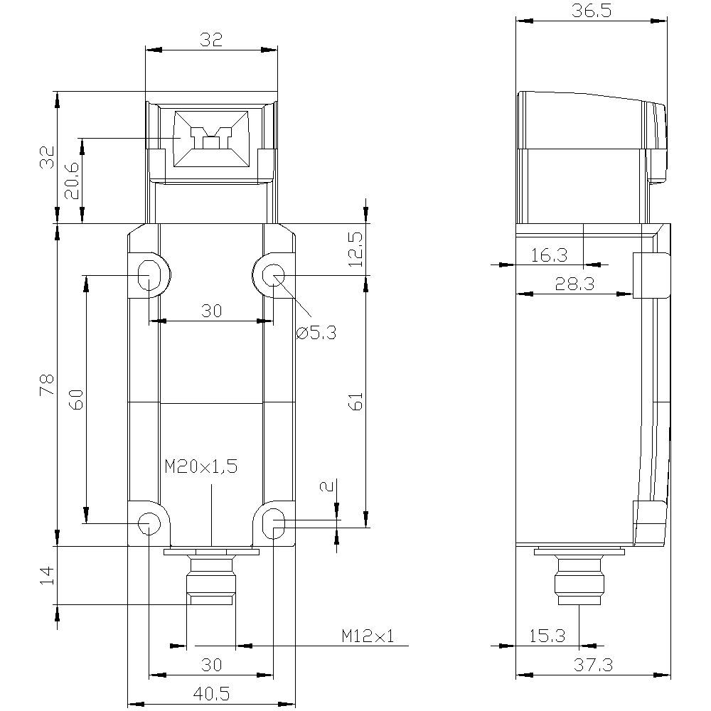 Technische Zeichnung eines rechteckigen, mechanischen Sensors mit Abmessungen. Ansicht von vorne und von der Seite mit genauen Maßangaben.