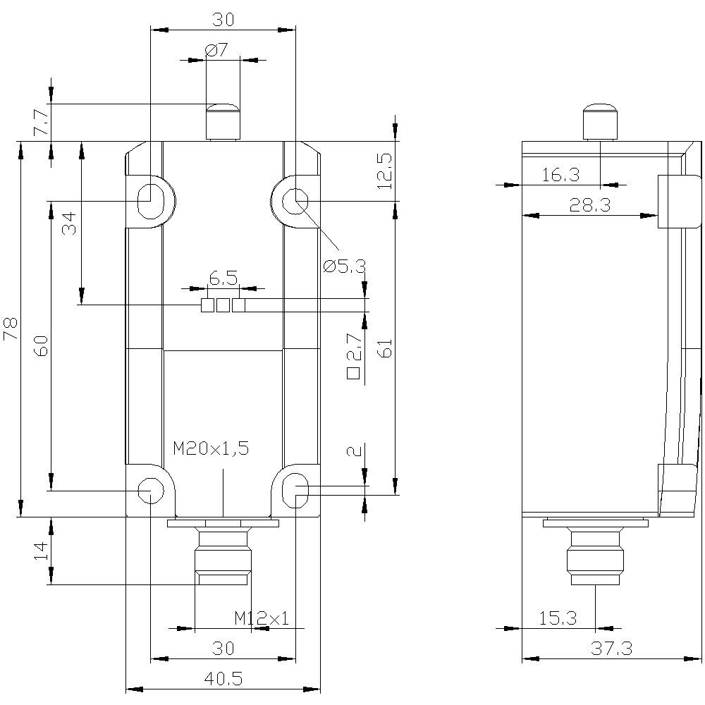 Technische Zeichnung eines zylindrischen Bauteils mit Maßangaben. Front- und Seitenansicht zeigen Abmessungen wie Gesamthöhe (78 mm) und Durchmesser (Ø 37 mm).