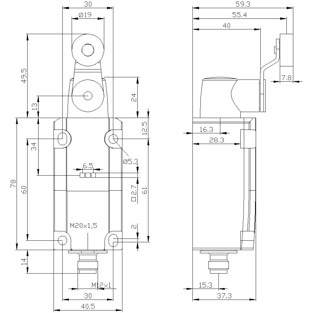 Technische Zeichnung eines Schalters mit zwei Ansichten. Detaillierte Maße sind angegeben, einschließlich Breiten und Höhen der Komponenten.