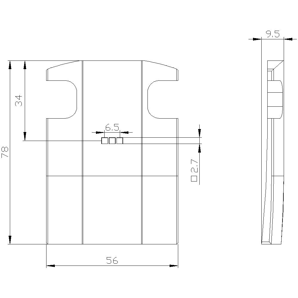 Technische Zeichnung eines mechanischen Bauteils mit zwei Ansichten. Maße: Höhe 78 mm, Breite 56 mm, Dicke 9,5 mm.