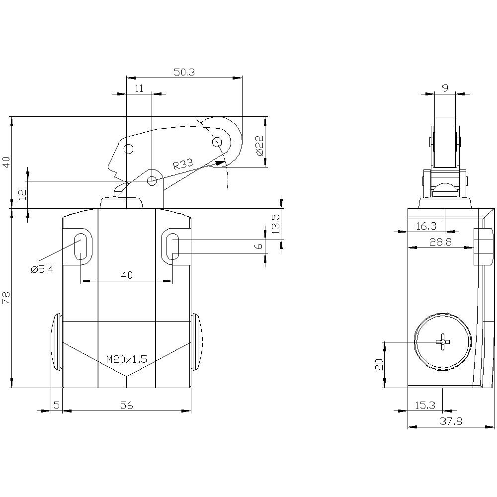 Technische Zeichnung eines mechanischen Teils mit mehreren Maßen in Millimetern, zeigt Vorder- und Seitenansicht eines Klemmhebels.