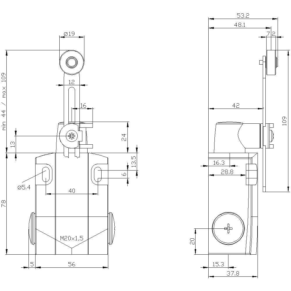 Technische Zeichnung eines mechanischen Bauteils mit Front- und Seitenansicht. Maße und Details, wie Schraubenköpfe und Bohrungen, sind markiert.