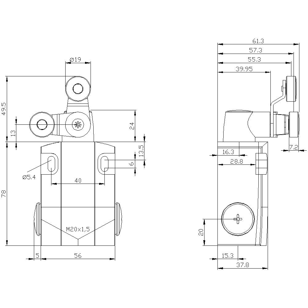 Technische Zeichnung eines mechanischen Bauteils mit mehreren Ansicht: Vorderseite und Seite, Maße in Millimetern angegeben.
