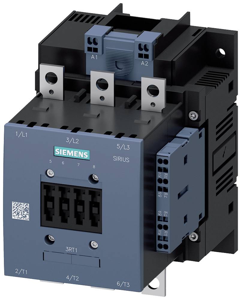 Ein elektrischer Schütz von Siemens in einem blauen Gehäuse. Markiert mit 'SIRIUS' und Modellnummer '3RT', sowie Anschlussklemmen oben und unten.