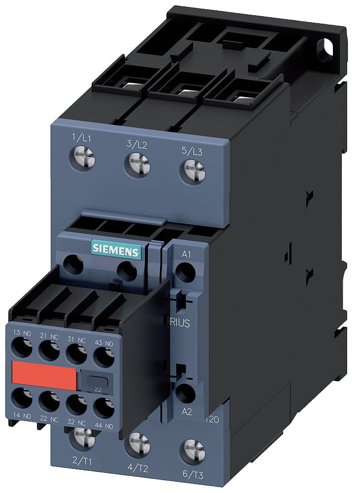 Ein schwarzer und blauer elektrischer Schütz mit Siemens-Logo, zeigt verschiedene Anschlusspunkte auf der Vorderseite.