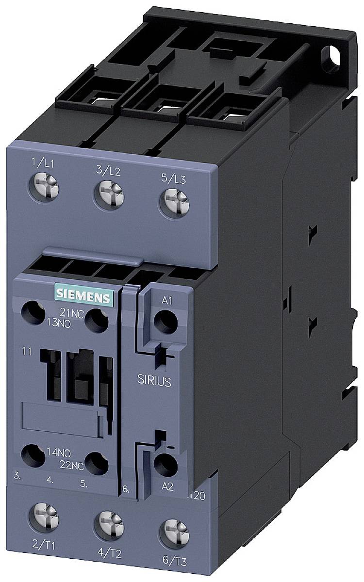 Ein schwarzer und blauer Schütz von Siemens, Modell Sirius, mit verschiedenen elektrischen Anschlussklemmen auf der Vorderseite.