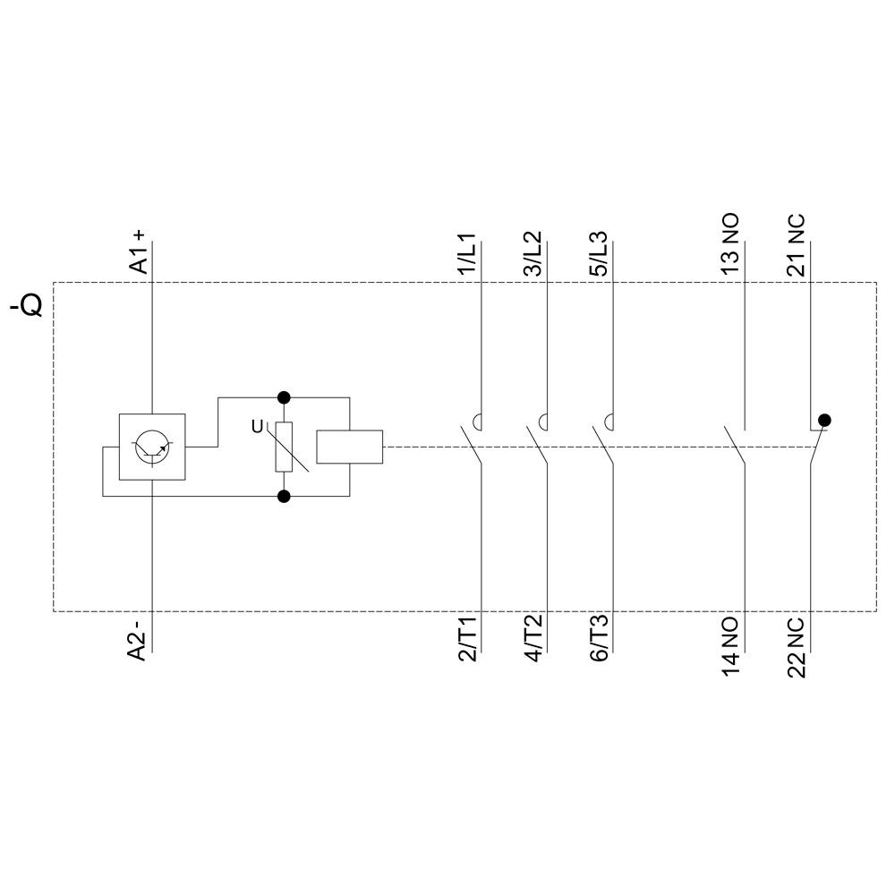 Schaltplan zeigt ein Relais mit Anschlüssen A1, A2, 1L1, 3L2, 5L3, 2T1, 4T2, 6T3 und Schaltkontakten 13 NO, 21 NC, 14 NO, 22 NC.