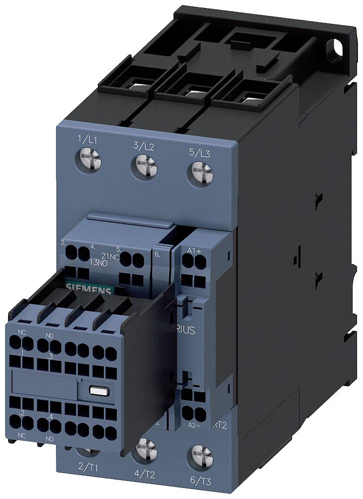 Ein blauer und schwarzer elektrischer Schütz mit Anschlüssen und Beschriftung von 'Siemens'. Gerät ist zum Schalten von Stromkreisen geeignet.