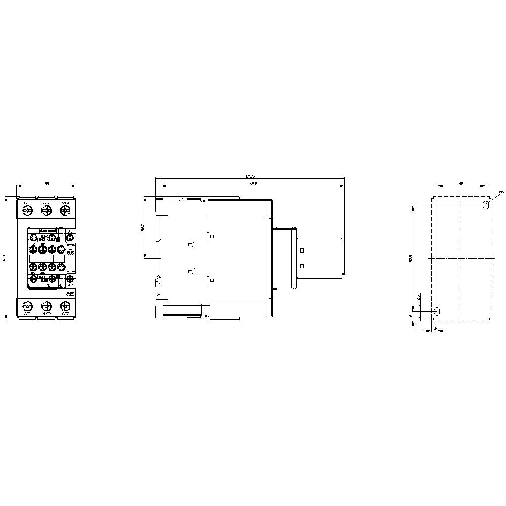 Technische Zeichnung eines elektronischen Bauteils, zeigt Vorder-, Seiten- und Draufsicht mit Maßen und Anschlussdetails.