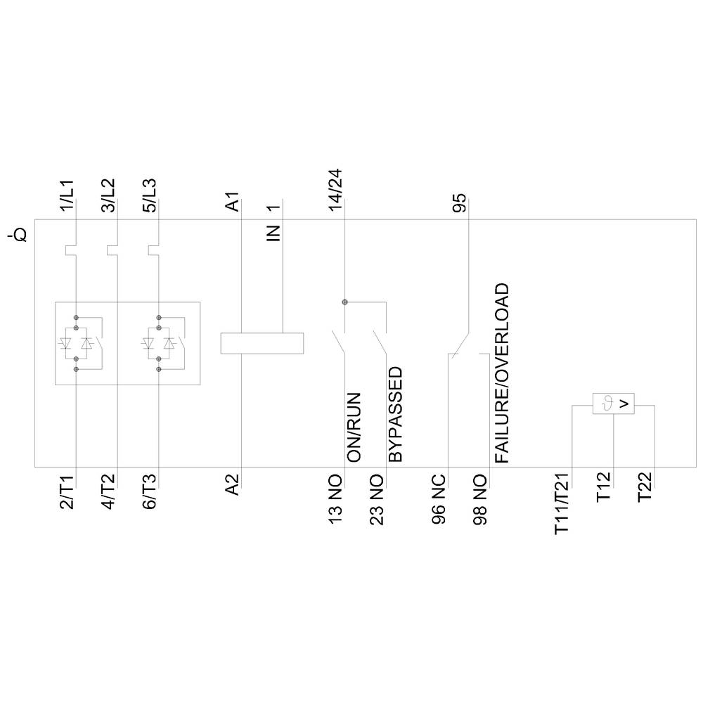 Schaltplan zeigt Relaisanordnung mit Knotenpunkten A1, A2 und IN 1. Beschriftungen: ON/RUN/13, BYPASSED/23, FAILURE/OVERLOAD/96, NO/98. Verbindungen und Symbole veranschaulichen Schaltvorgang.