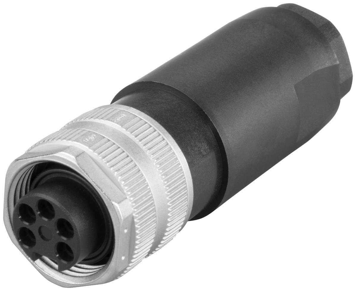 Ein schwarzer und silberner elektrischer Stecker mit mehreren runden Anschlüssen. Gerät zum Verbinden von Kabeln in technischen Anwendungen.