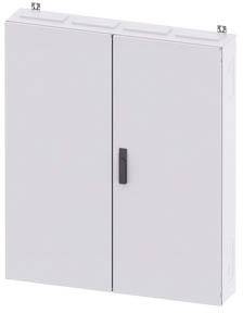 Ein einfacher, geschlossener weißer Metallschrank mit zwei Türen und einem schwarzen Griff; er ist an der Wand montiert.