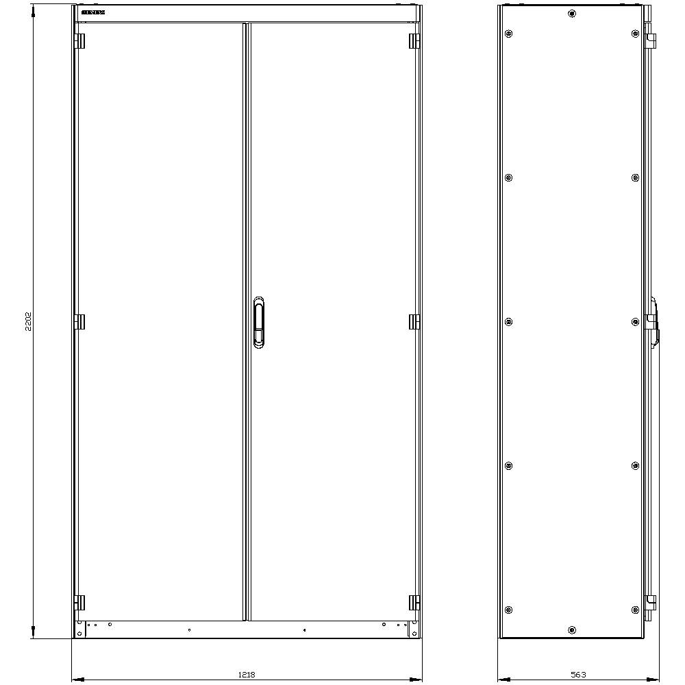 Zeichnung eines Schaltschranks in Front- und Seitenansicht mit Bemaßungen. Hauptmaße: Breite 1235 mm, Tiefe 505 mm, Höhe 2200 mm.