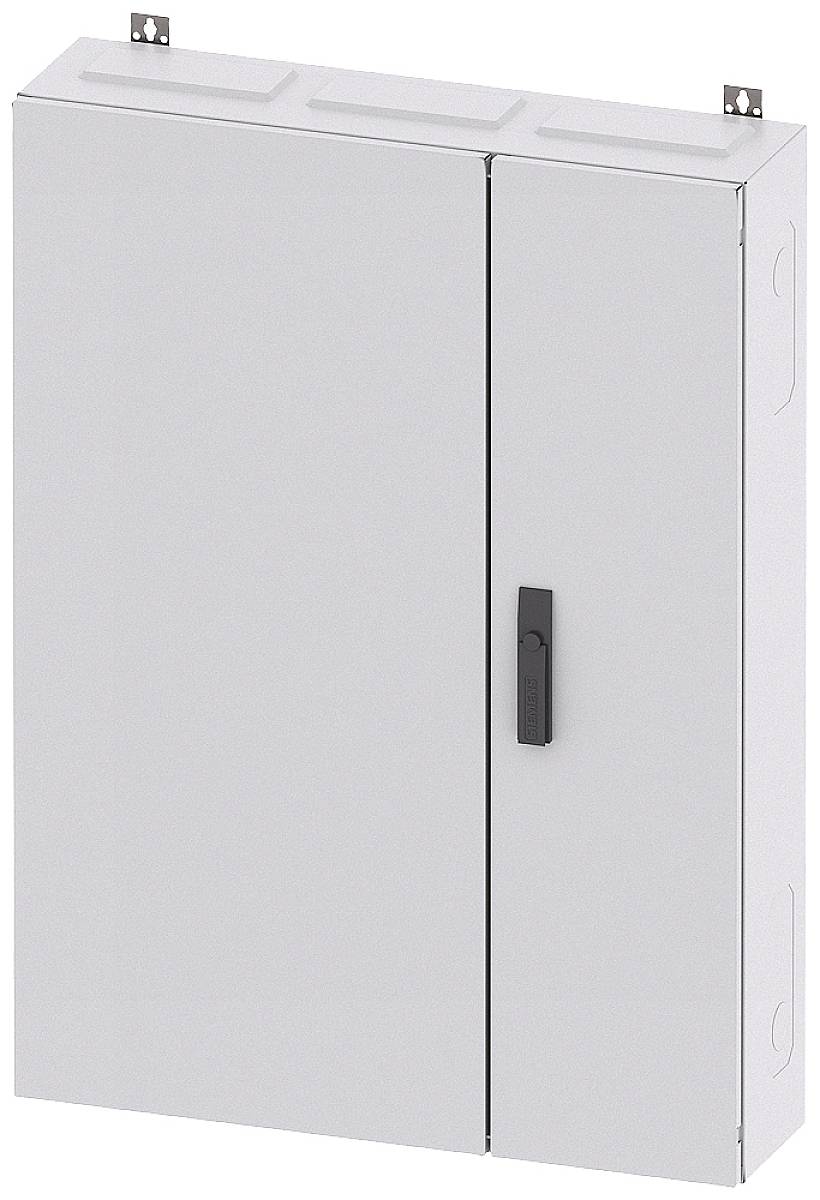 Ein weißer Metallschrank mit zwei Türen und einem schwarzen Griff, zur Wandmontage.