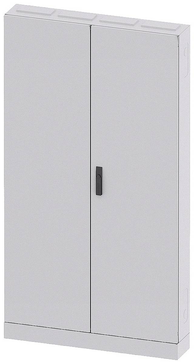 Ein grauer Metallschrank mit zwei Türen und einem zentralen Griff, geeignet zur Aufbewahrung in Büros oder Werkstätten.