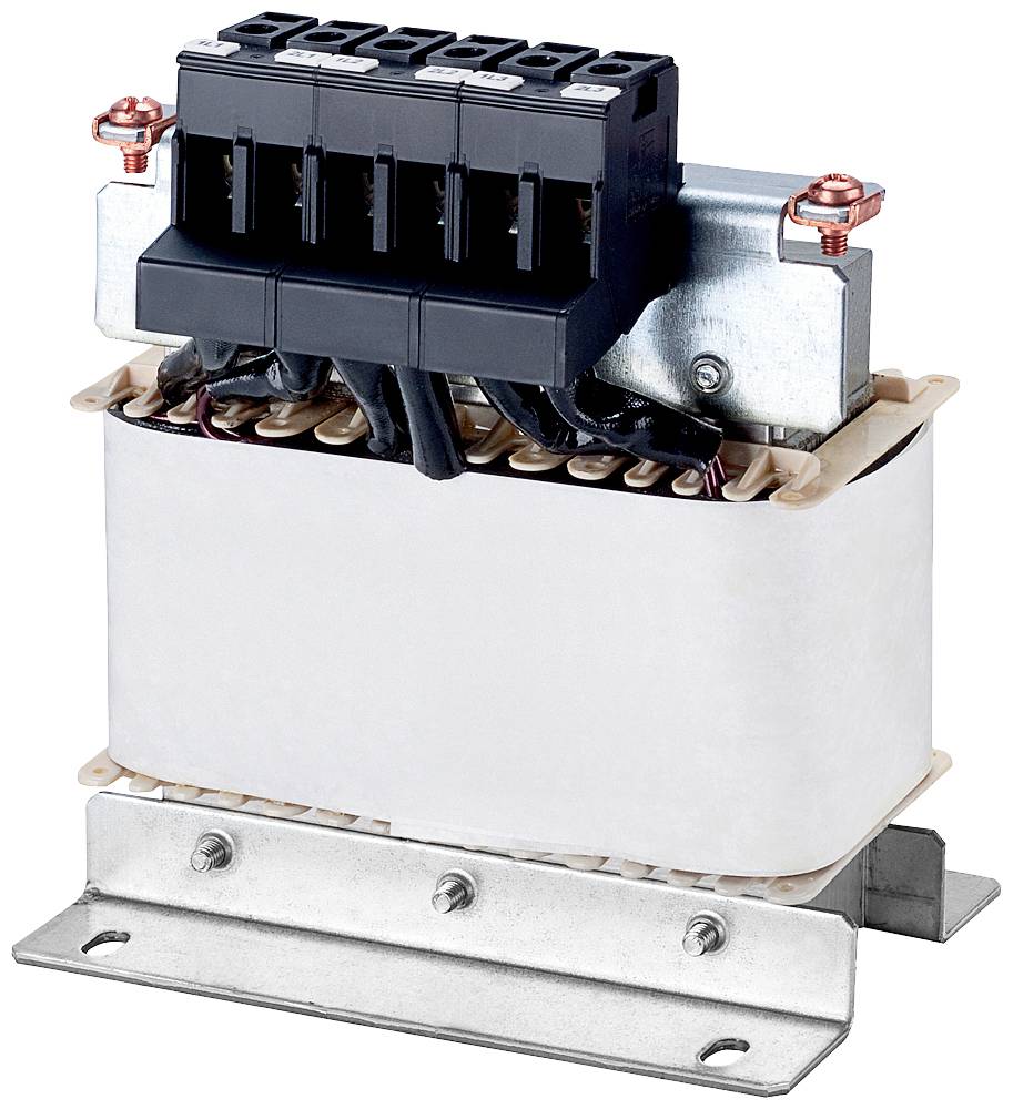 Ein elektrischer Transformator mit mehreren schwarzen Kabeln oben und einer robusten Metallbasis unten.