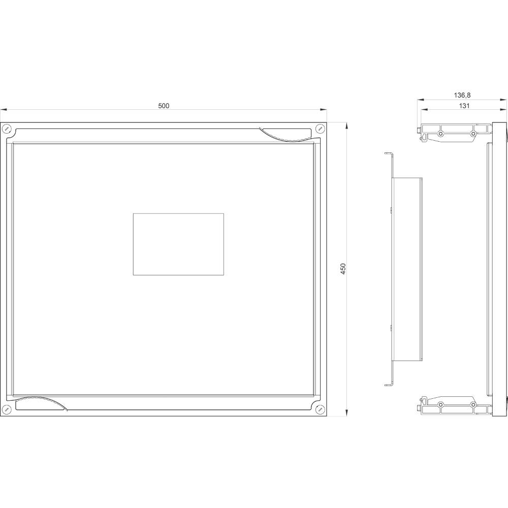 Technische Zeichnung eines rechteckigen Gehäuses mit Maßangaben von 500 x 450 mm und einer Tiefe von 136,8 mm.