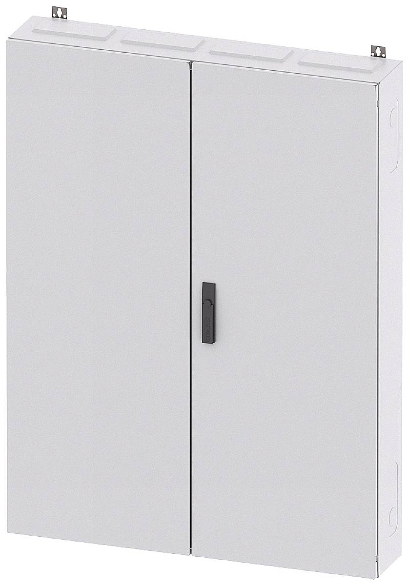 Grauer Metallschrank mit zwei Türen und schwarzem Griff, geeignet zur Wandmontage.