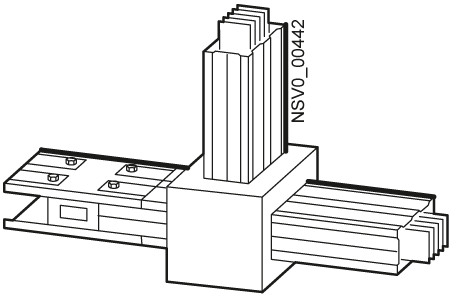 Technische Zeichnung eines mechanischen Verbindungsteils mit mehreren Schienen und vertikalen Elementen, beschriftet mit 'NSV0_00442'.