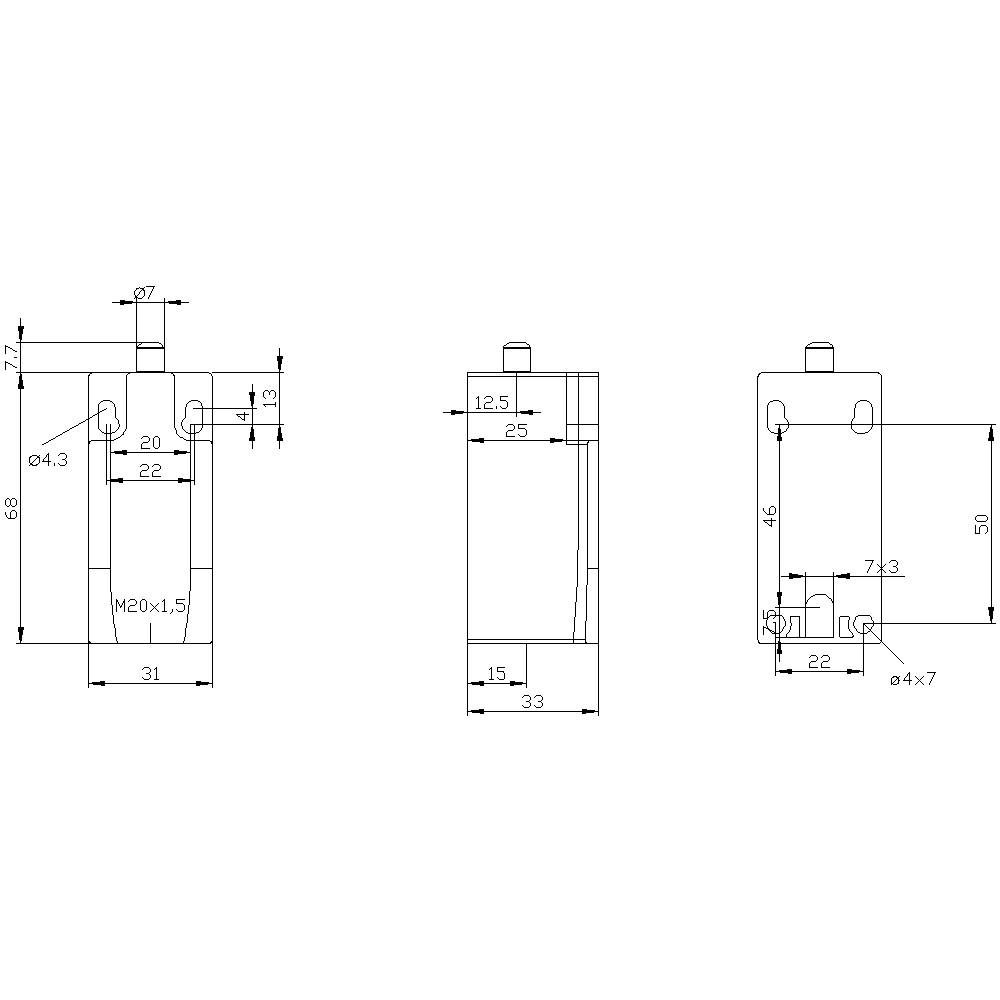 Technische Zeichnung eines zylindrischen Bauteils mit Abmessungen: Höhe 50 mm, Durchmesser 22 mm, diverse Bohrungen und Gewinde.