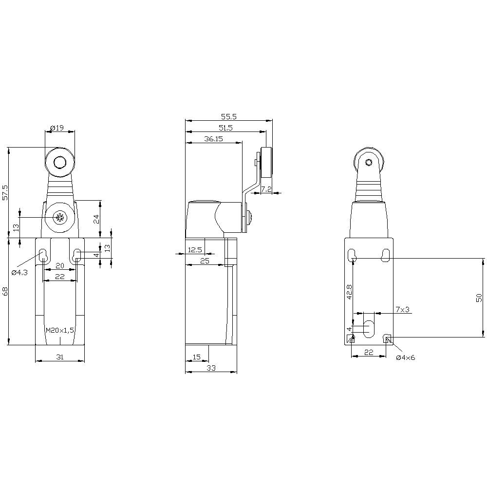 Technische Zeichnung eines mechanischen Bauteils mit Abmessungen in Millimetern. Enthält Front-, Seiten- und Draufsicht.