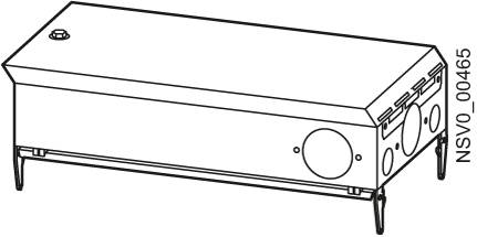 Technische Zeichnung eines rechteckigen Kastens mit Schaltern und Knöpfen auf einer Seite. Modellnummer 'NSVO_00465' abgebildet.