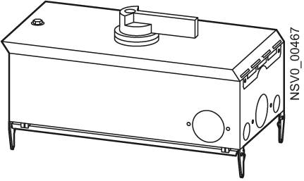 Technische Zeichnung eines rechteckigen Metallkastens mit Scharnieren, Öffnungen und einem Schalter oben.