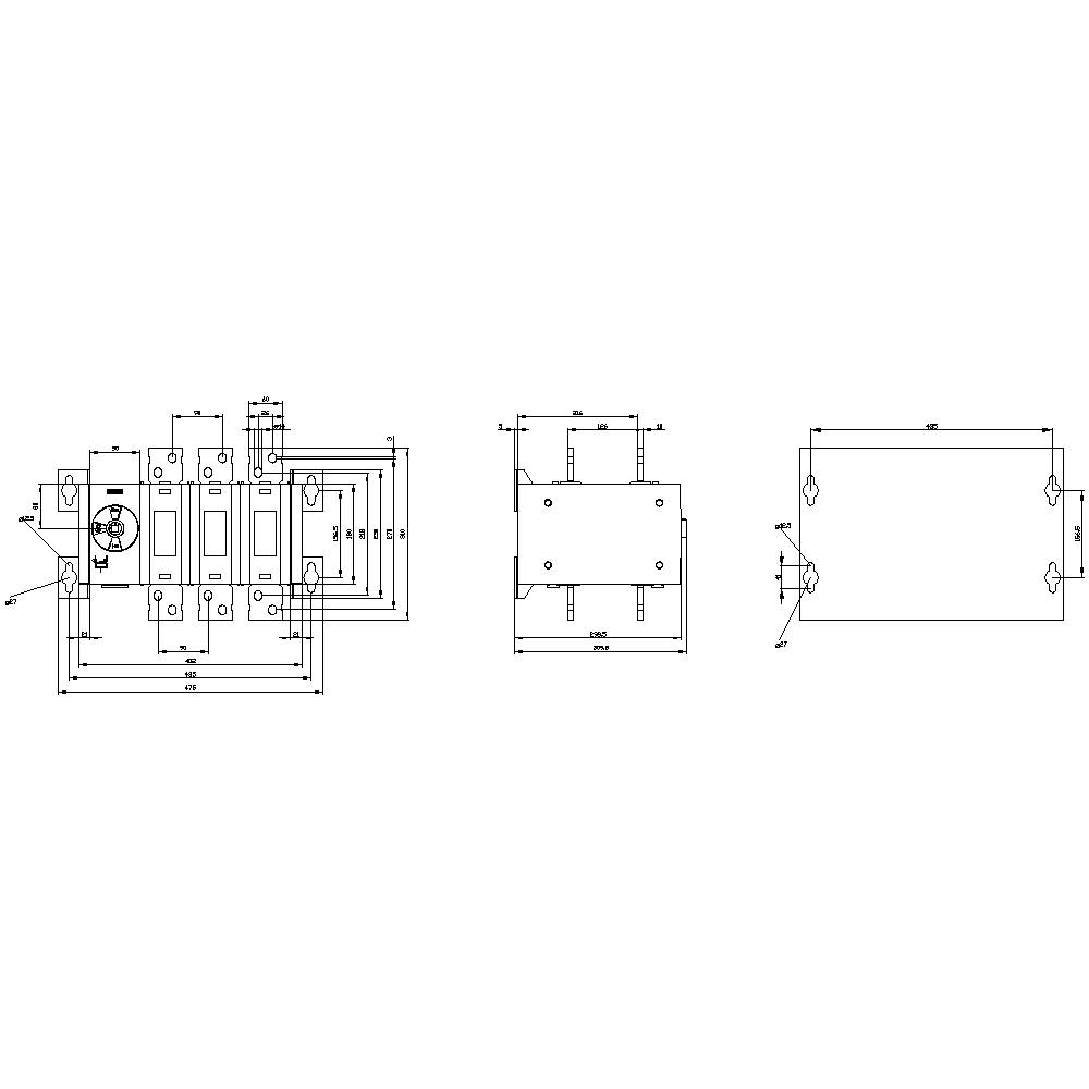 Technische Zeichnung eines mechanischen Bauteils mit Maßen und Details zur Konstruktion. Zeigt drei Ansichten mit verschiedenen Perspektiven.