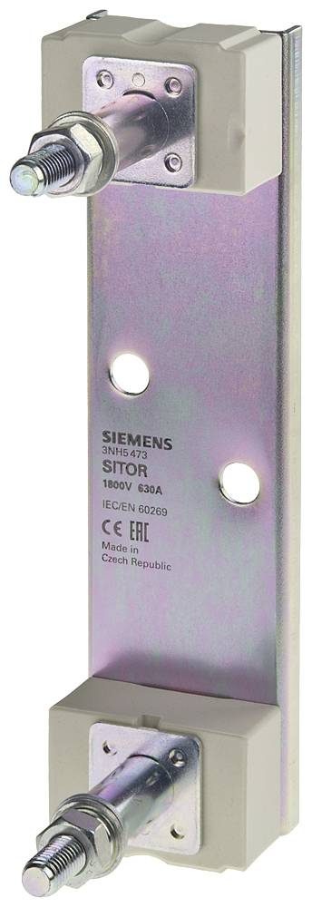 Ein Siemens Sicherungshalter SMTO für 1800V, 630A, mit zwei Anschlussklemmen und Beschriftung zur technischen Spezifikation.