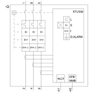 Schaltschema zeigt einen Leistungsschalter, ETU556, mit Anschlüssen L, S, I, G-ALARM, und Auslösemechanismen für Stromüberlastungsschutz.