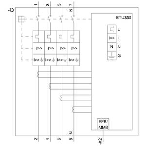 Prinzipschaltplan eines EFB/MMB-Systems mit vier Schaltern und ETU330. L, N und G sind markiert. Stromkreis mit sechs Anschlüssen.