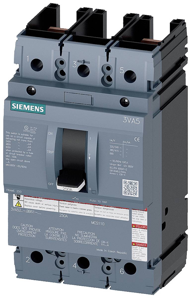 Ein grauer Siemens-Leistungsschalter mit Hebel und Beschriftungen. Modellnummer 3VA5. Bewirbt elektrische Schalteinheit und Sicherheitsinformationen.