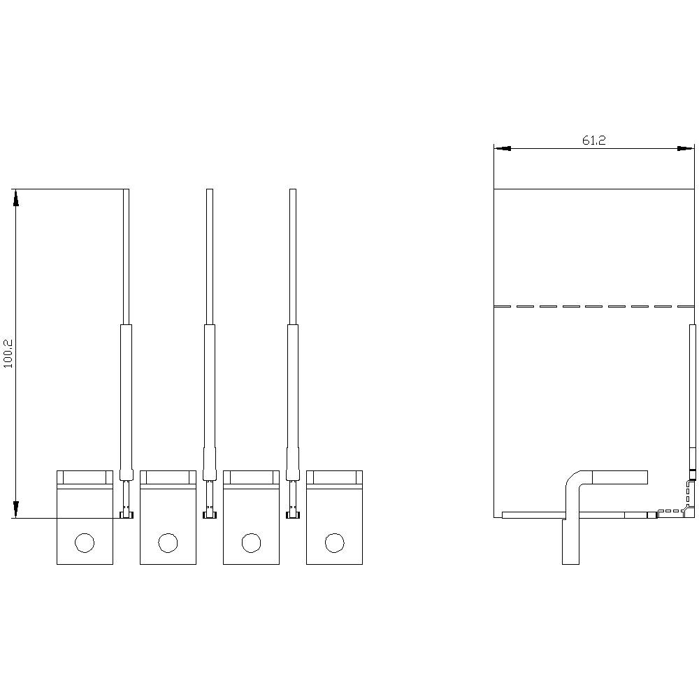Zeichnung vier vertikaler Antennen mit identischen Abmessungen und einem Gesamtmaß von 61,2x100,2, verbunden durch eine horizontale Linie am Boden.